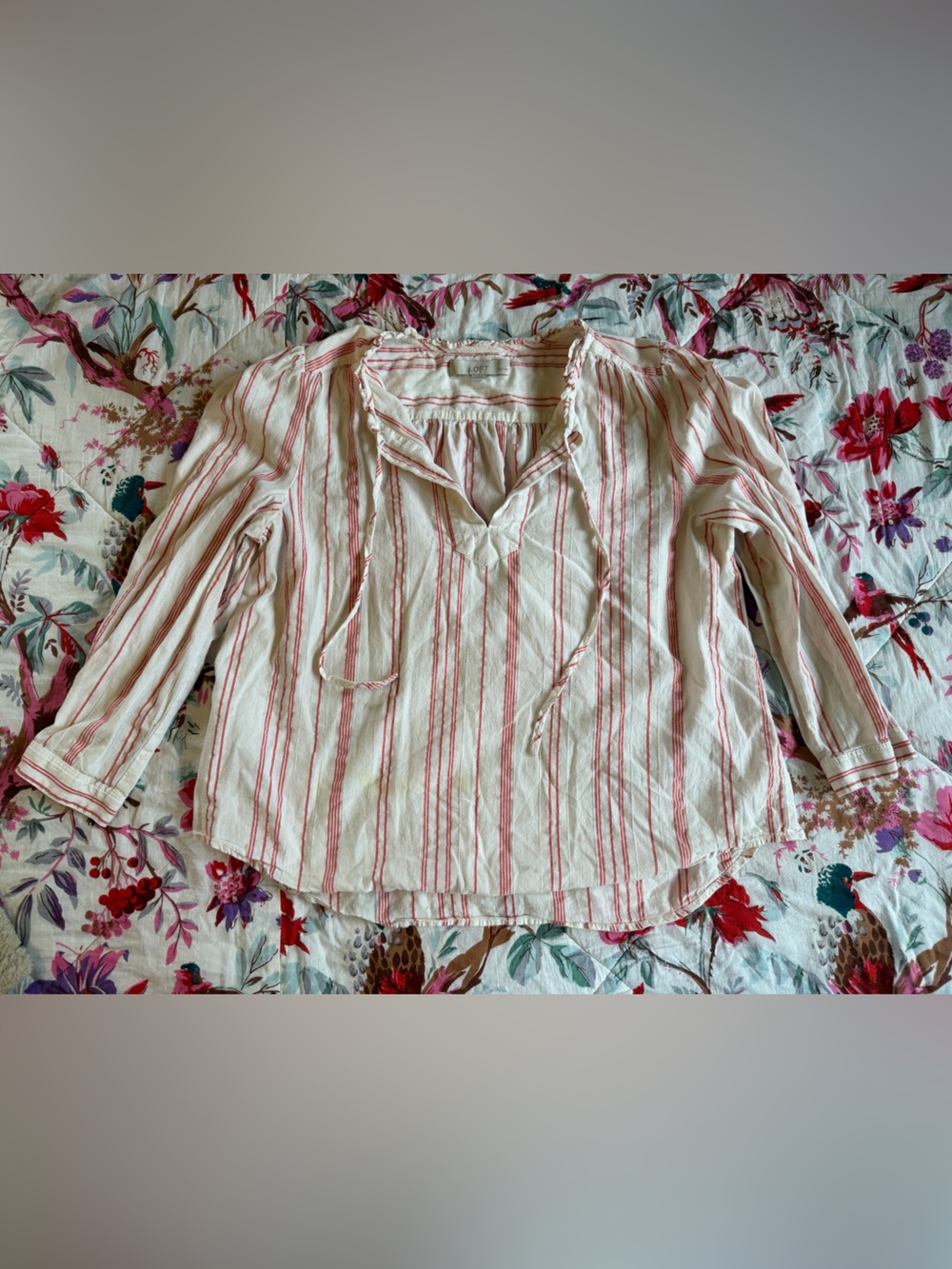 LOFT White Blouse with Pink-ish/Red-ish Stripe Detail 100% Cotton Natural Fiber